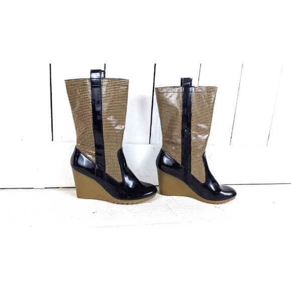 Tommy Hilfiger houndstooth blue patent tall wedge rain boots 8 M - Picture 5 of 8